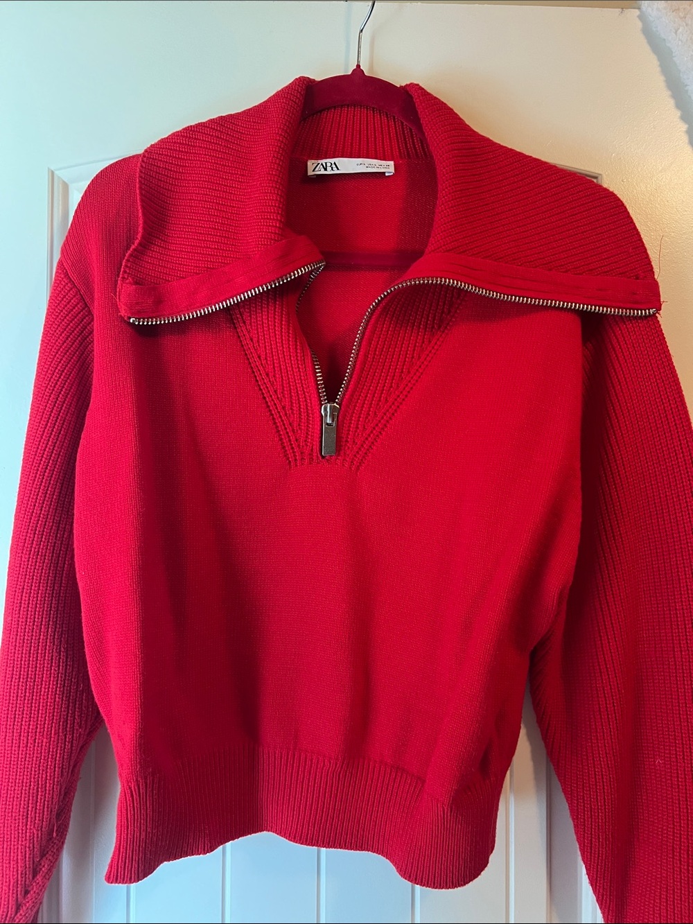 Zara Bright Red Zip-Neck Pullover